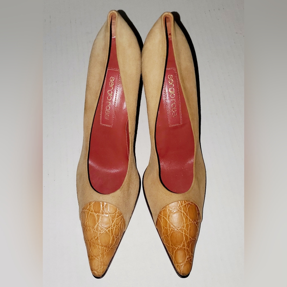 SERGIO ROSSI CAMEL SUEDE HIGH HEEL PUMPS ALLIGATOR TOE STACK HEEL SZ38 ITALY